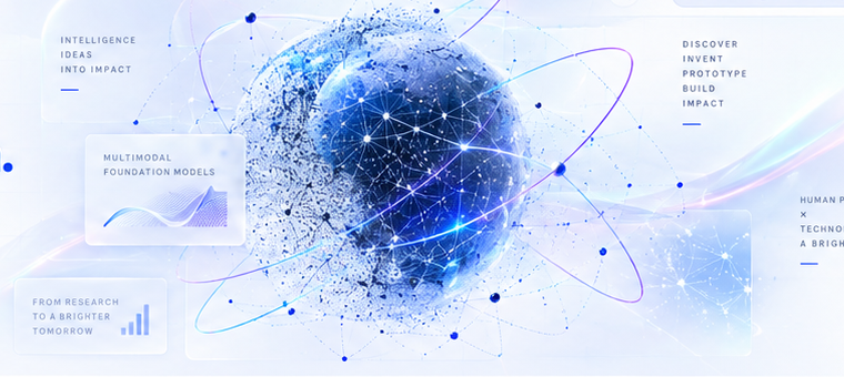 Abstract AI research visualization showing a connected computational sphere, data paths and orbiting signals